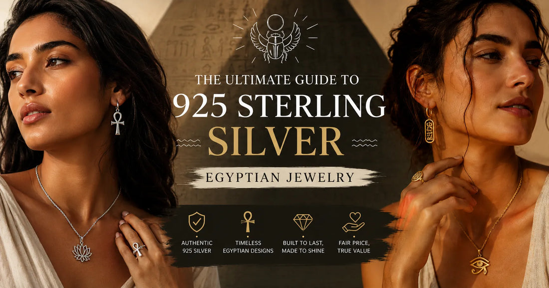 A 925 sterling silver Egyptian jewelry guide cover showing models wearing silver and gold Egyptian-inspired jewelry.