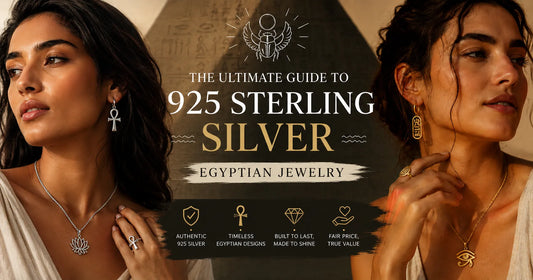A 925 sterling silver Egyptian jewelry guide cover showing models wearing silver and gold Egyptian-inspired jewelry.