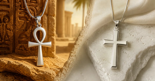 Ankh vs Cross jewelry symbolism with a silver Ankh pendant and Christian cross pendant