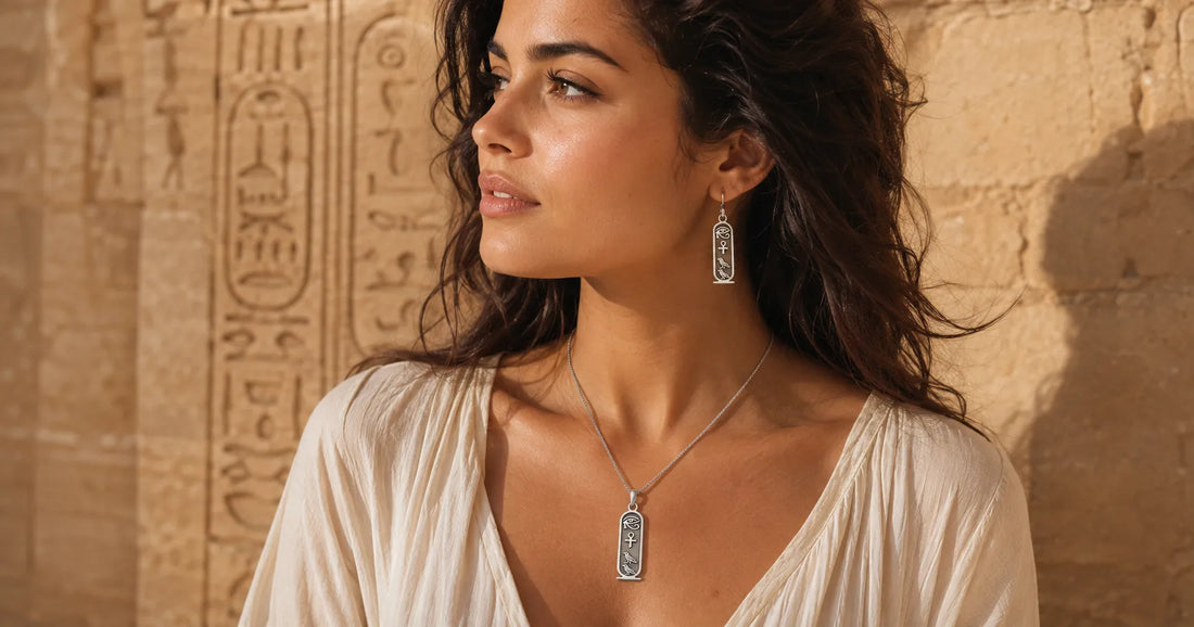 Silver Egyptian cartouche necklace and earring inspired by ancient royal name jewelry.