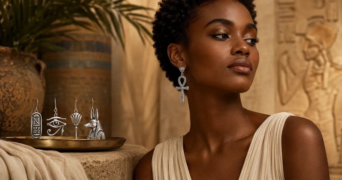 Elegant woman wearing sterling silver Ankh earrings with Egyptian symbol earrings displayed in a pharaonic-style setting