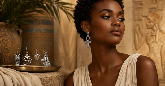 Elegant woman wearing sterling silver Ankh earrings with Egyptian symbol earrings displayed in a pharaonic-style setting