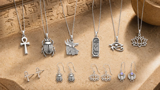 Ancient Egyptian-inspired 925 sterling silver jewelry gifts, including Ankh, Scarab, Anubis, Eye of Horus, Cartouche and Lotus designs.