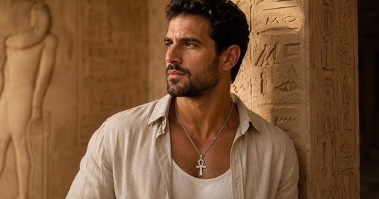 Man wearing a 925 sterling silver Ankh necklace in an Egyptian-inspired setting