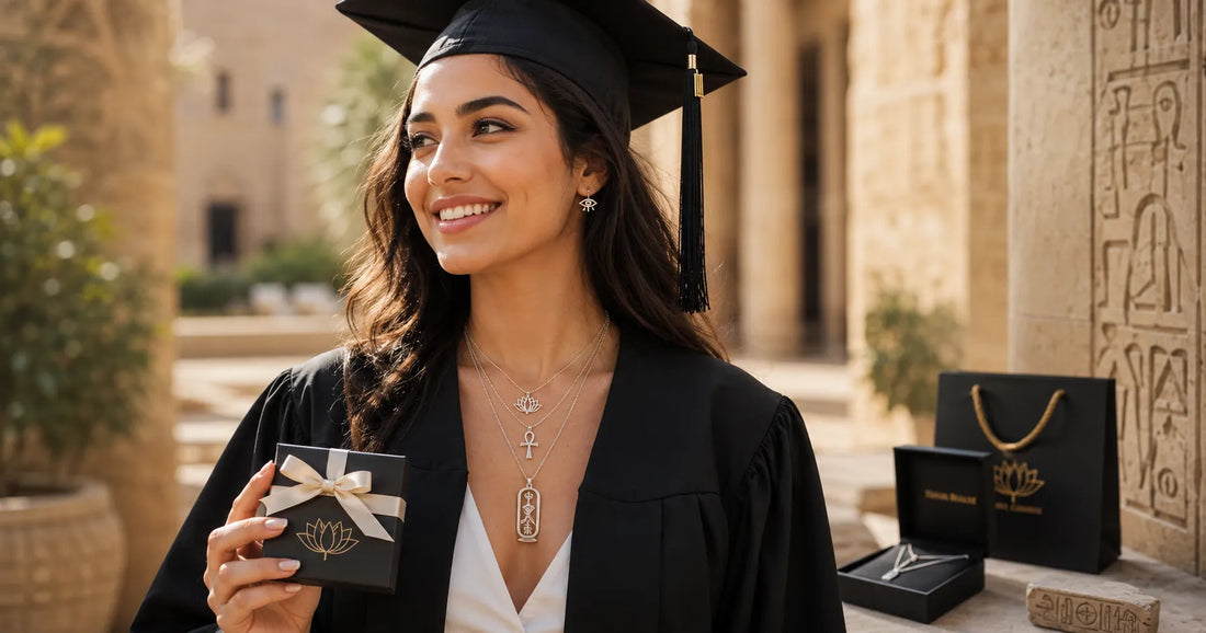 Young graduate wearing sterling silver Egyptian jewelry with a gift box, including Ankh, Lotus, Cartouche and Eye of Horus designs