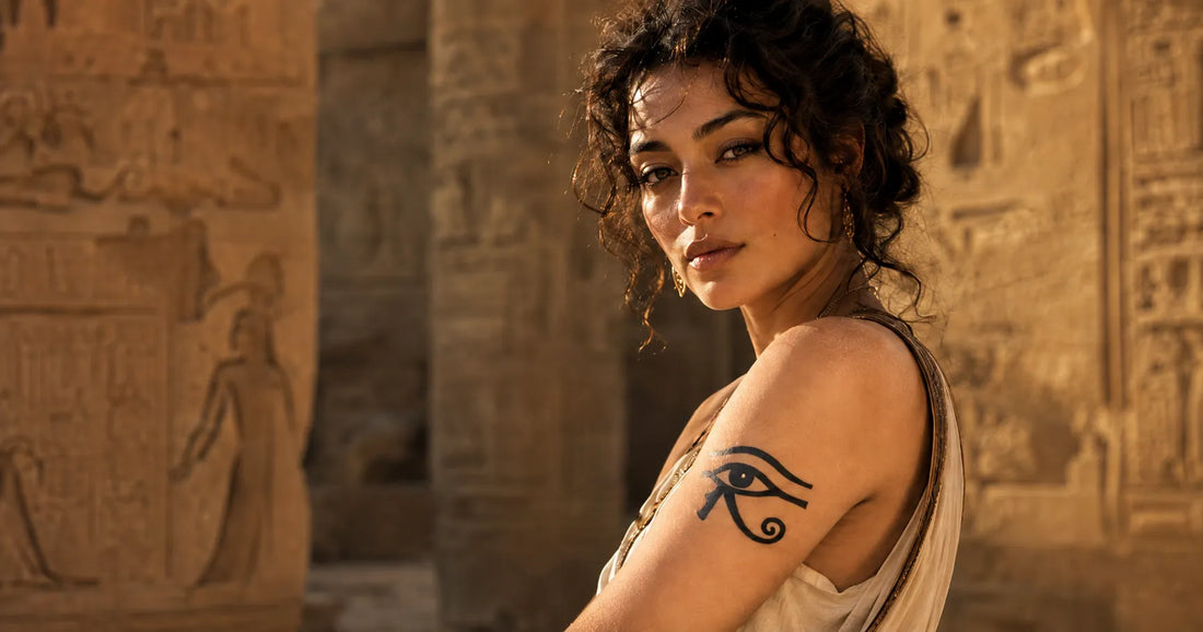 Woman displaying an Eye of Horus upper arm tattoo in an ancient Egyptian temple