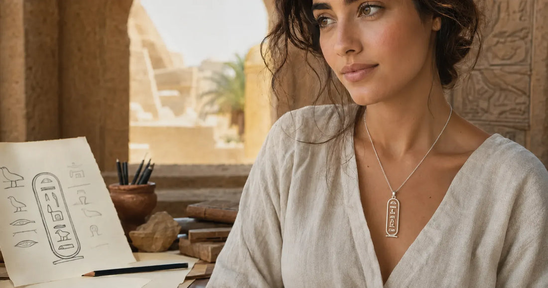 Woman wearing a personalized silver Egyptian cartouche necklace beside a hand-drawn hieroglyphic design