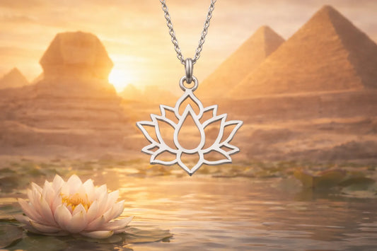 Sterling silver lotus flower necklace banner inspired by ancient Egyptian symbolism of rebirth, renewal, and spiritual growth