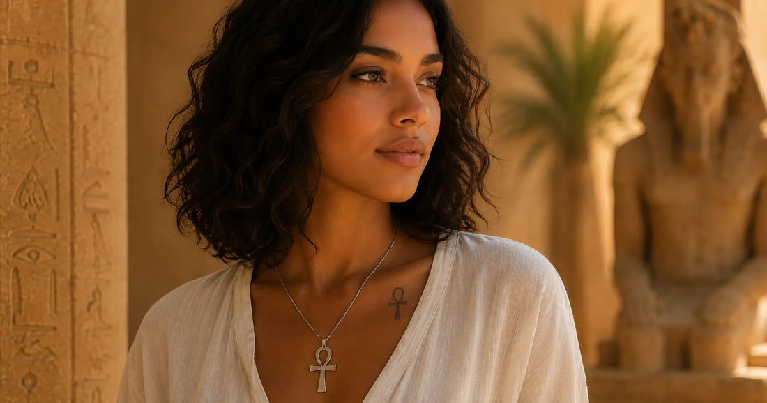 Woman wearing a silver Ankh necklace with a subtle Ankh tattoo in an ancient Egyptian inspired setting