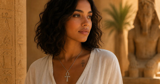 Woman wearing a silver Ankh necklace with a subtle Ankh tattoo in an ancient Egyptian inspired setting